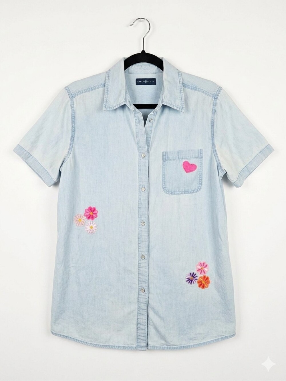 Upcycled Light Wash Denim Shirt with Floral Patches